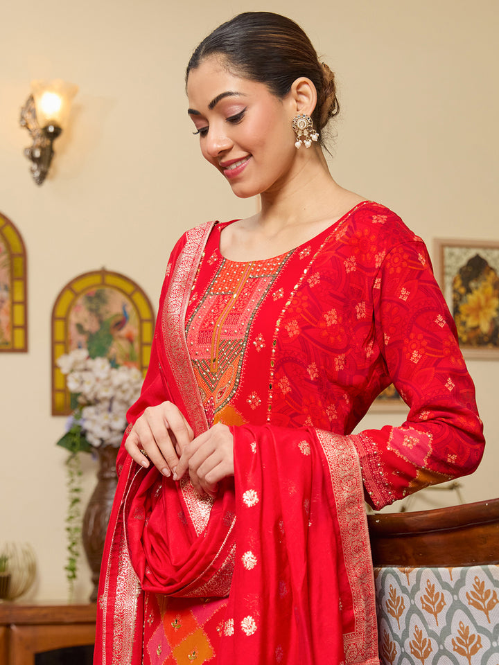 Red Stonework Tissue Readymade Salwar Suit