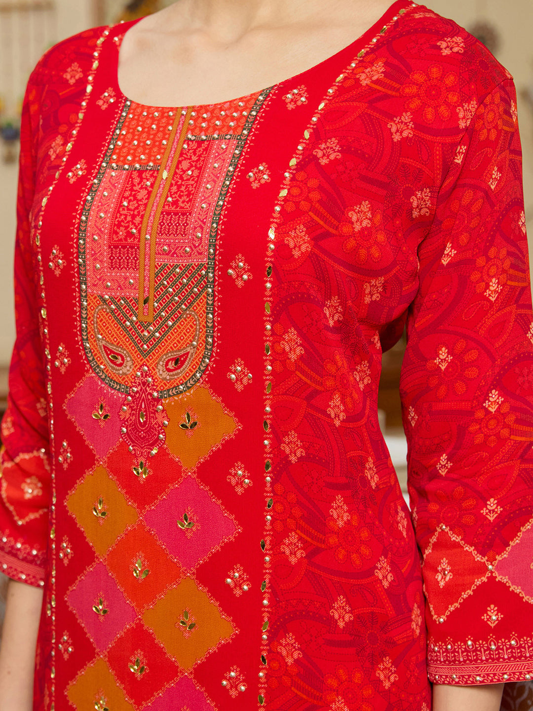 Red Stonework Tissue Readymade Salwar Suit