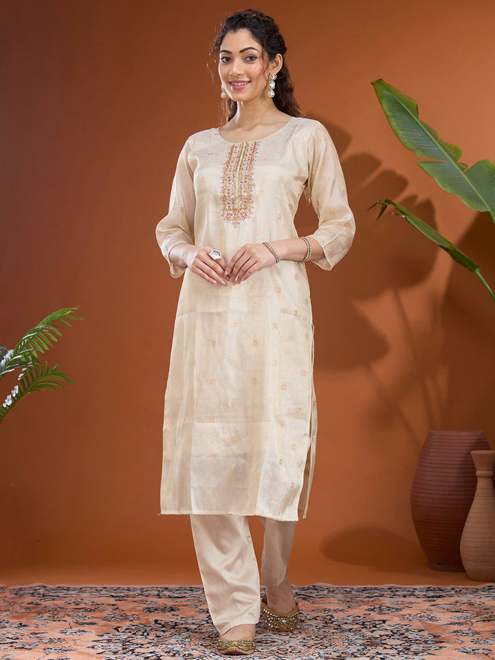 Cream Threadwork Brocade Readymade Salwar Suit