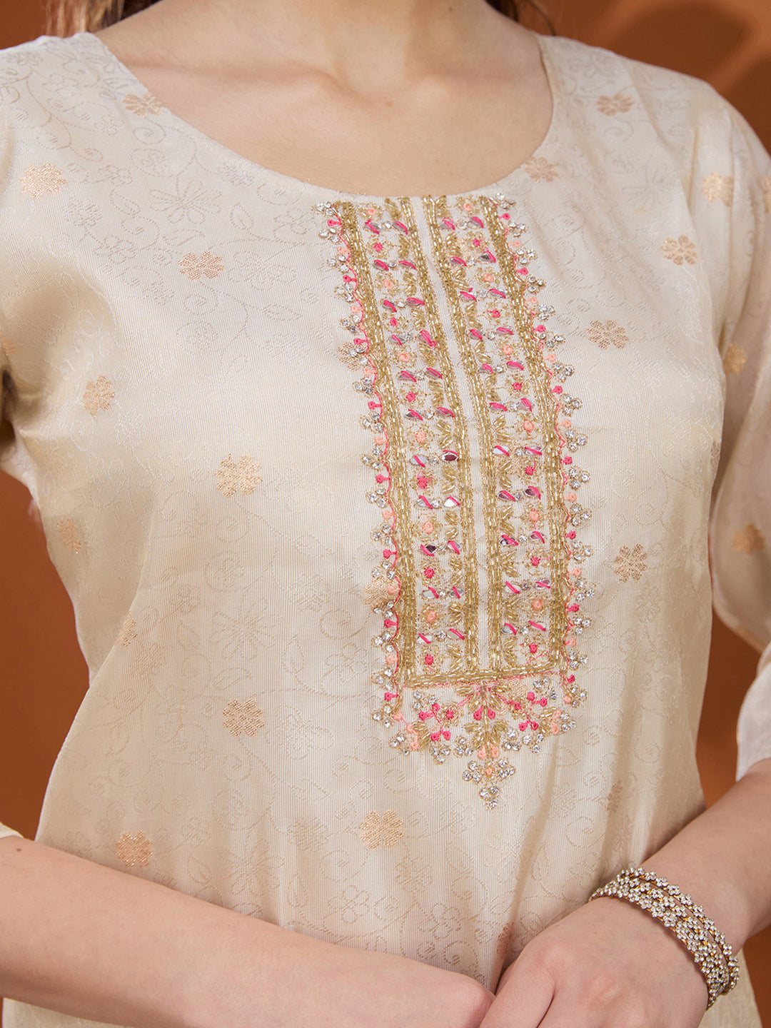 Cream Threadwork Brocade Readymade Salwar Suit