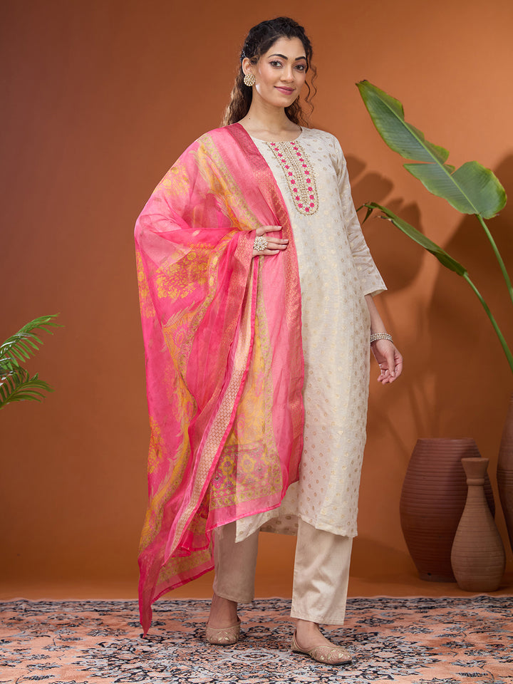 Off White Threadwork Brocade Readymade Salwar Suit