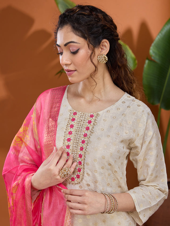 Off White Threadwork Brocade Readymade Salwar Suit