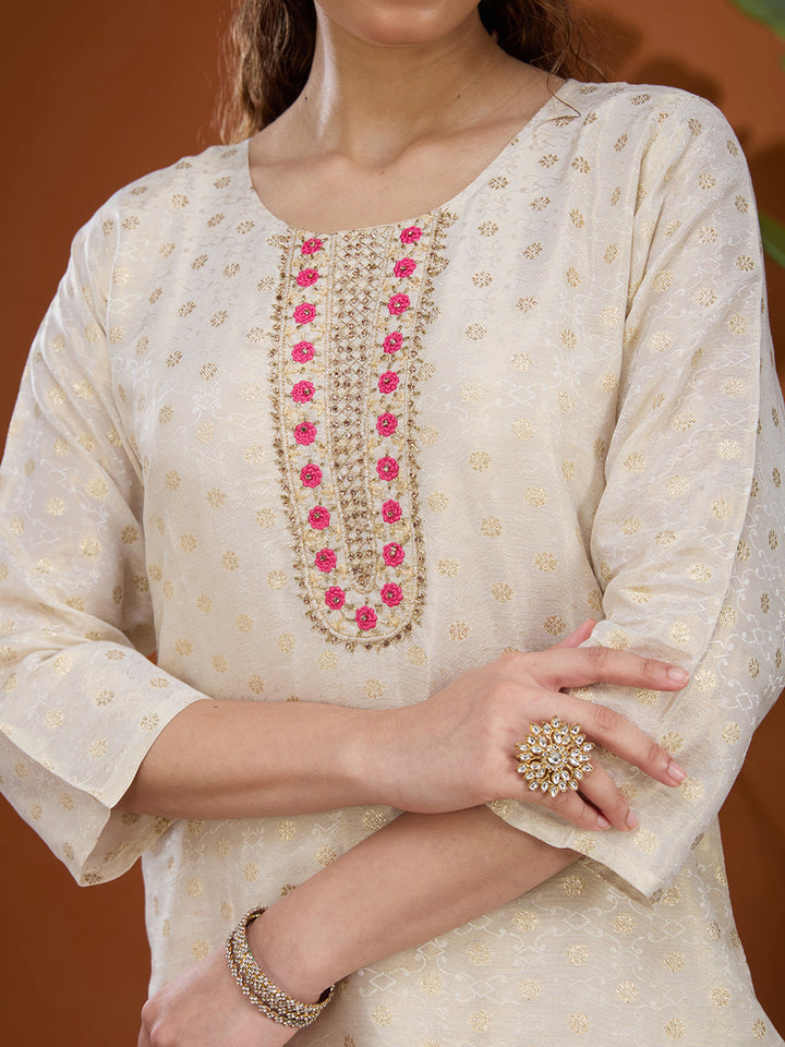 Off White Threadwork Brocade Readymade Salwar Suit