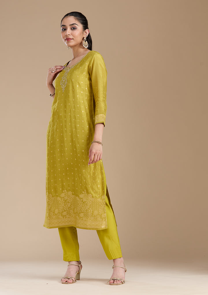 Mehandi Green Cording Banarasi Readymade Salwar Suit