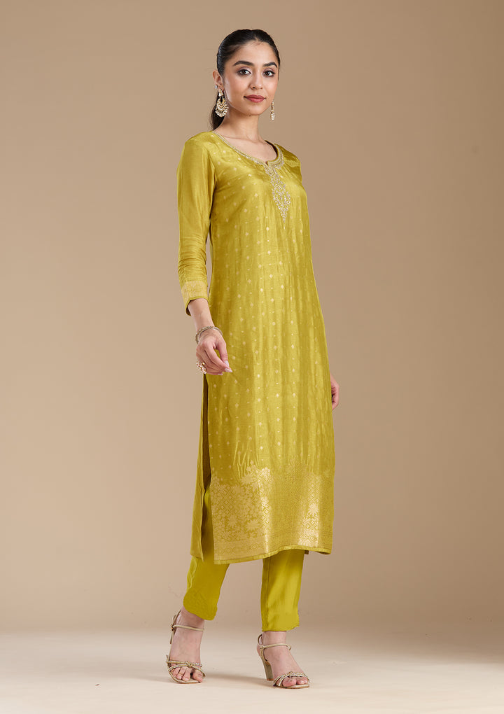 Mehandi Green Cording Banarasi Readymade Salwar Suit