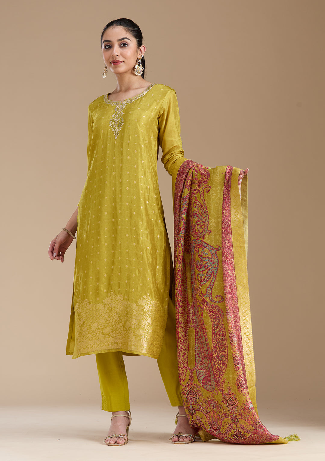 Mehandi Green Cording Banarasi Readymade Salwar Suit