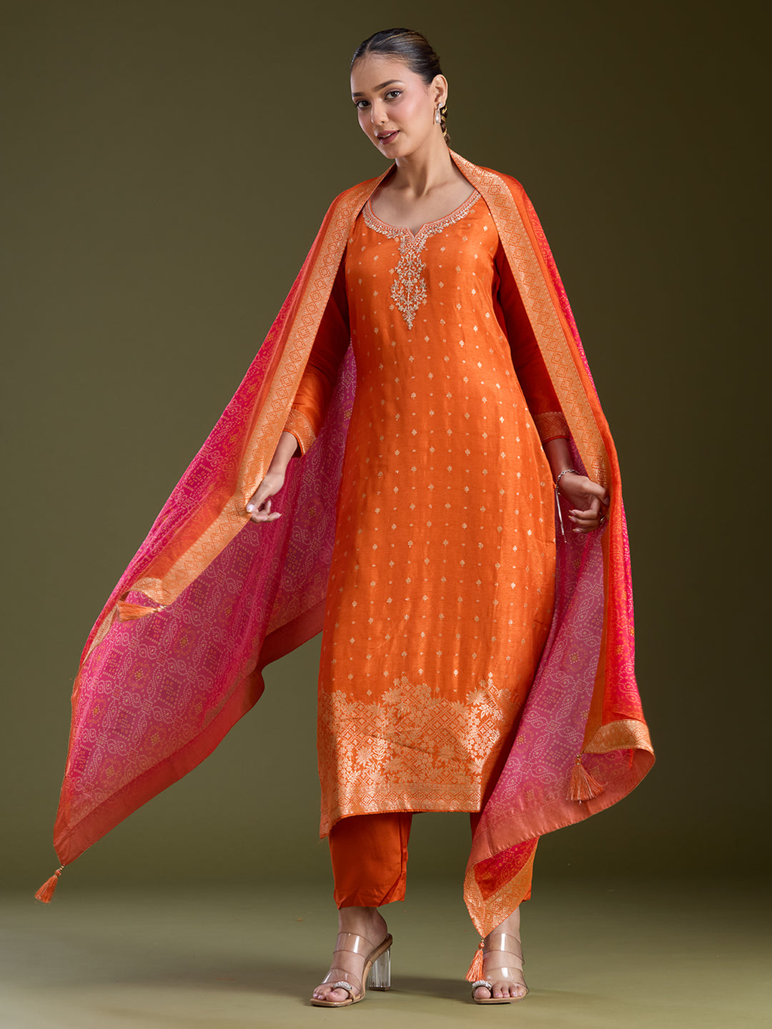 Orange Sequins Dola Silk Readymade Salwar Suit