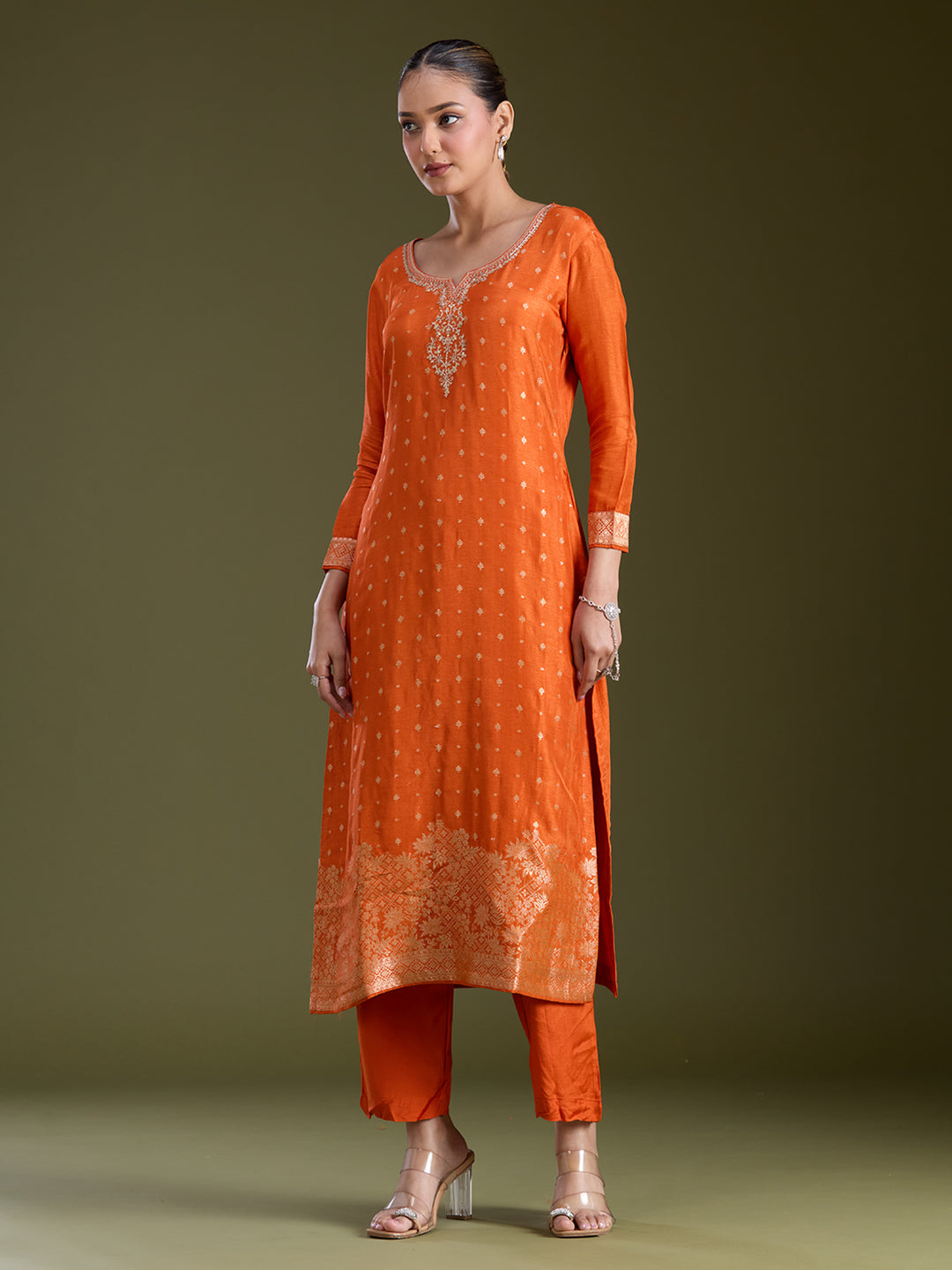 Orange Sequins Dola Silk Readymade Salwar Suit