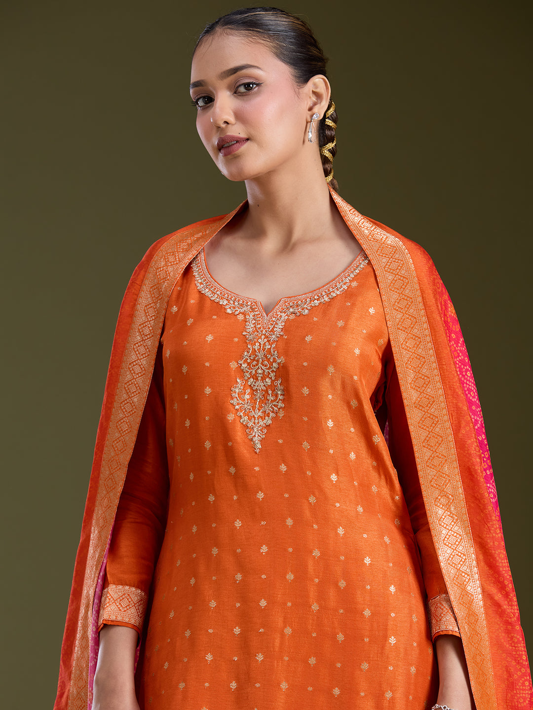 Orange Sequins Dola Silk Readymade Salwar Suit