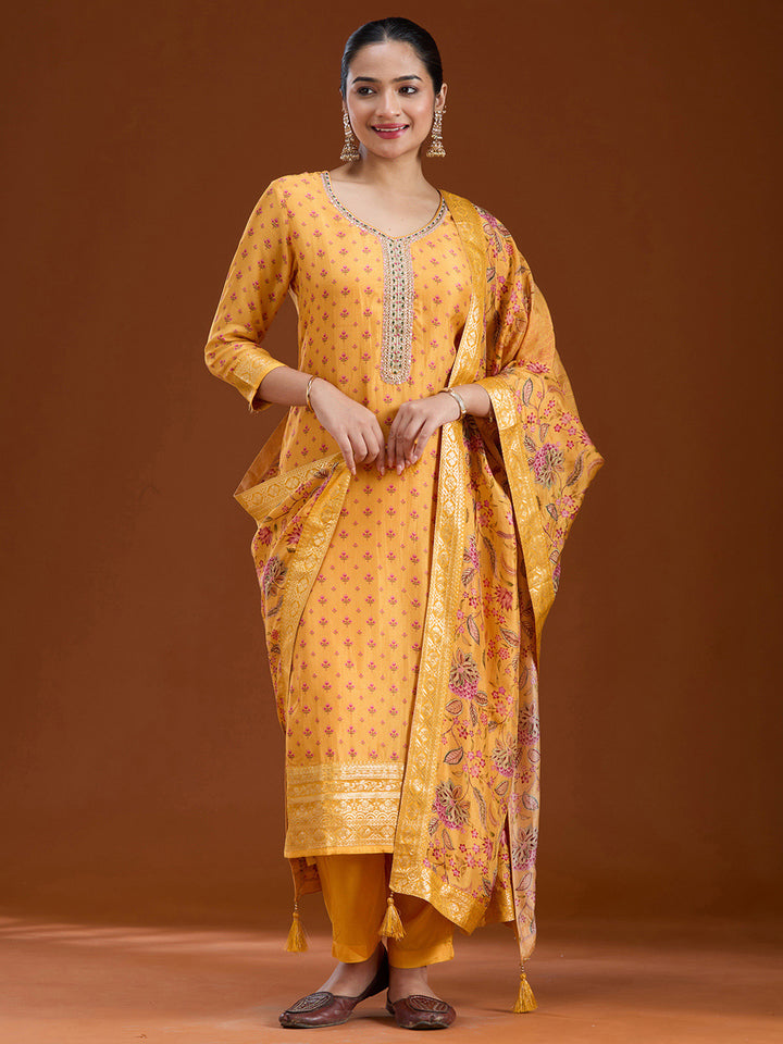 Mustard Yellow Threadwork Soft Raw Silk Readymade Salwar Suit