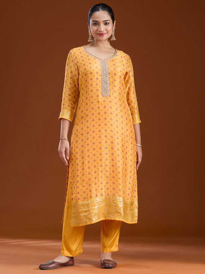 Mustard Yellow Threadwork Soft Raw Silk Readymade Salwar Suit