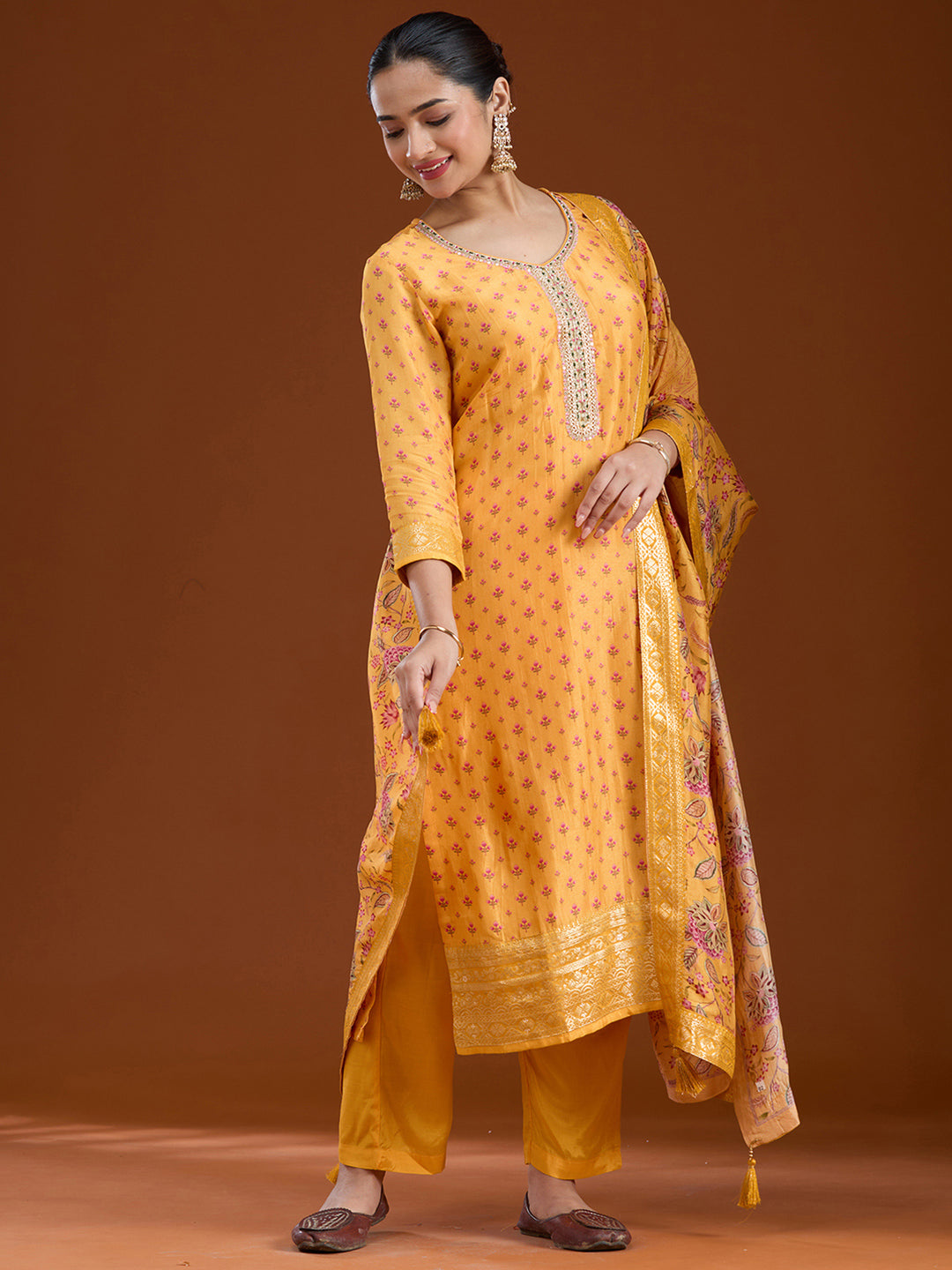 Mustard Yellow Threadwork Soft Raw Silk Readymade Salwar Suit