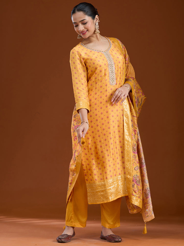 Mustard Yellow Threadwork Soft Raw Silk Readymade Salwar Suit