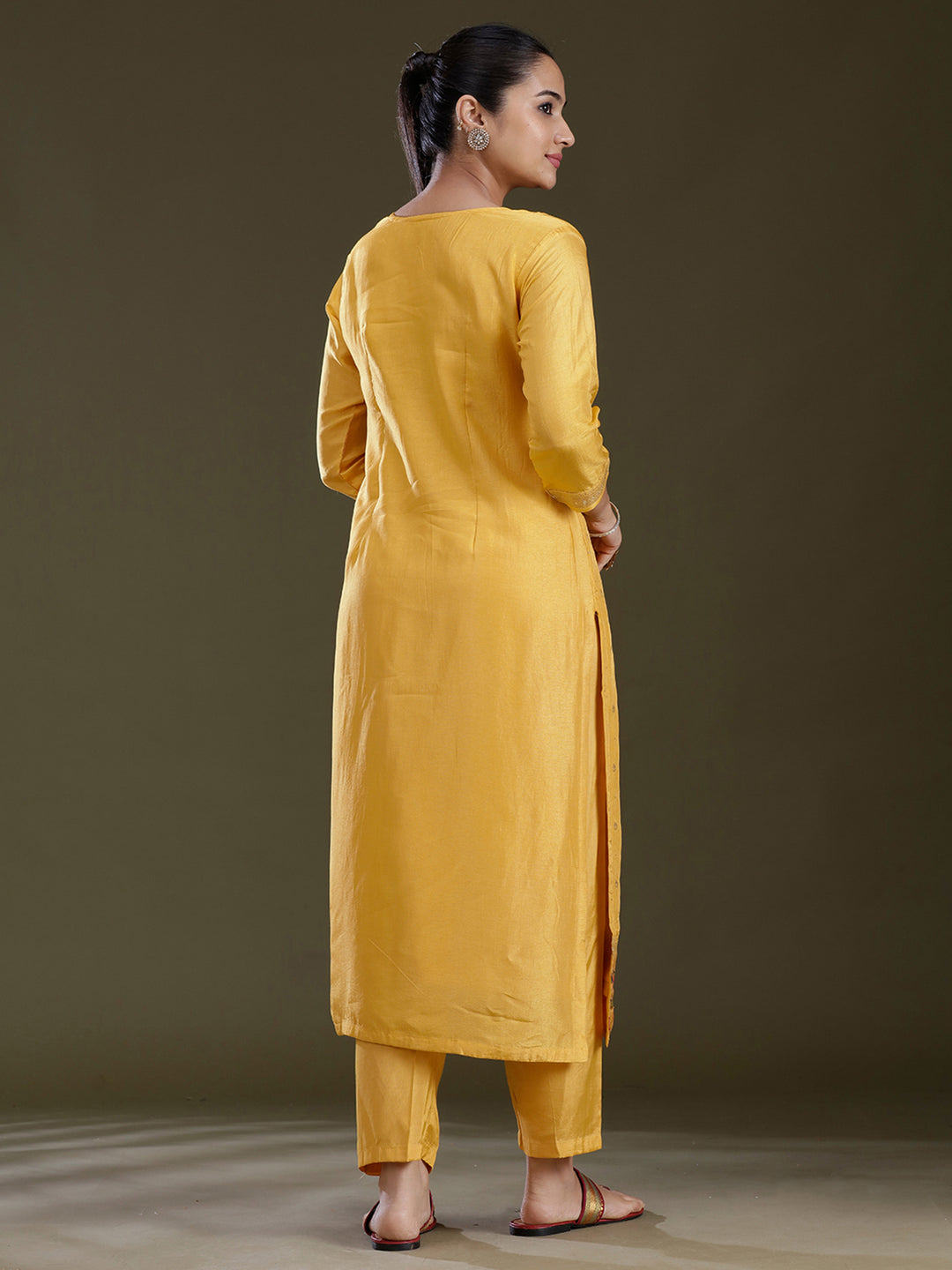 Yellow Threadwork Soft Raw Silk Readymade Salwar Suit