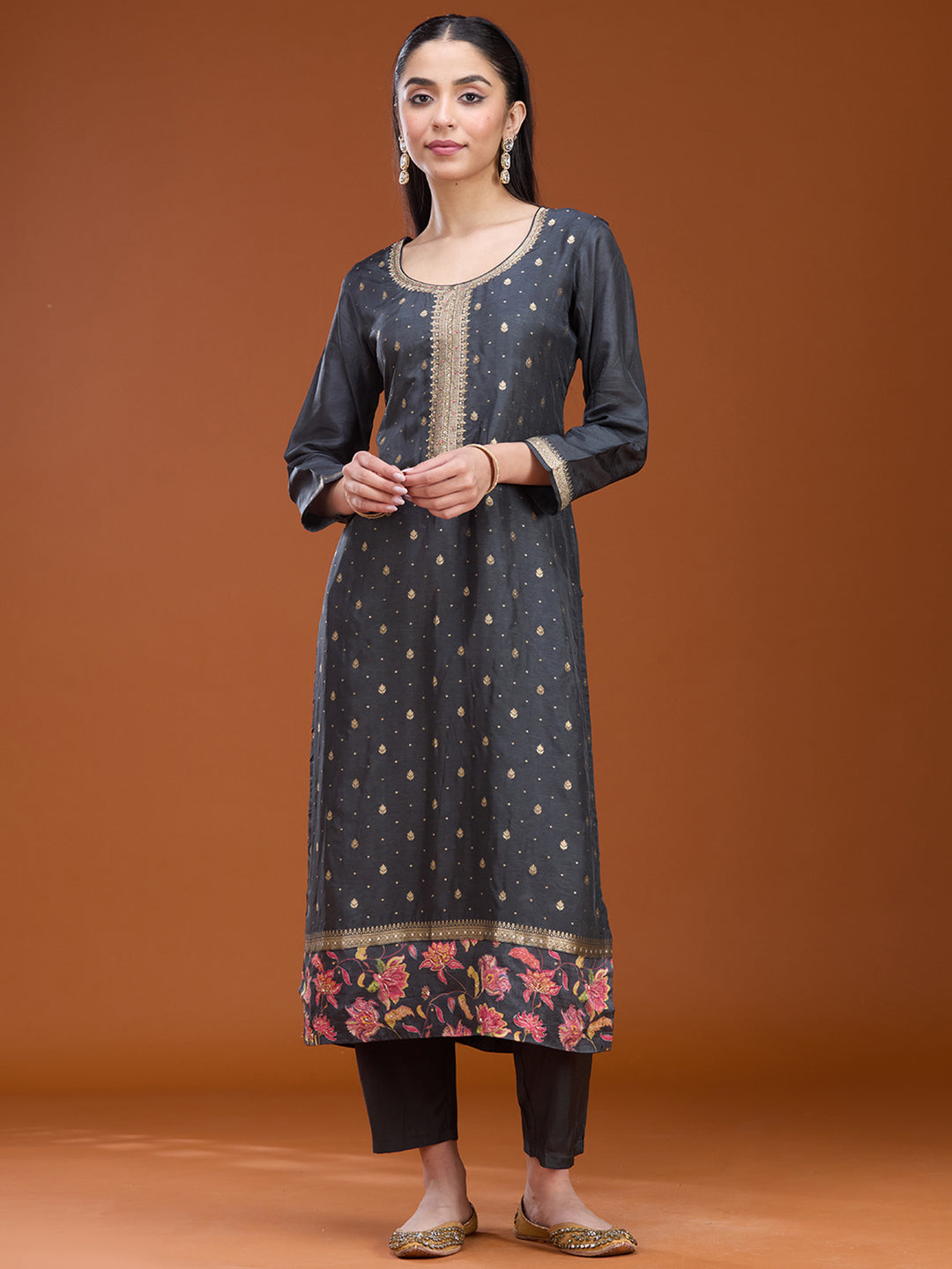 Dark Grey Stonework (Gold) Soft Raw Silk Readymade Salwar Suit