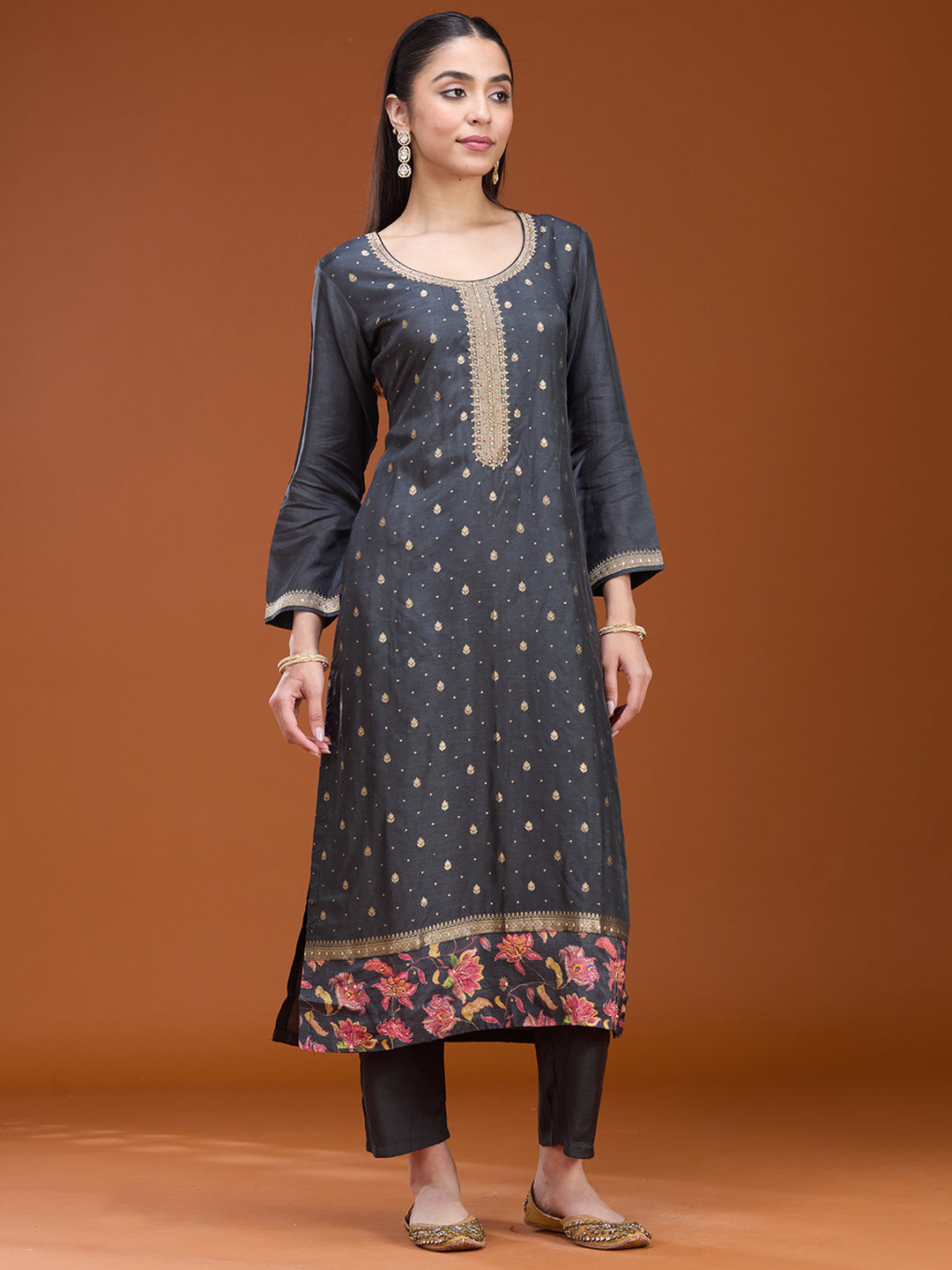 Dark Grey Stonework (Gold) Soft Raw Silk Readymade Salwar Suit