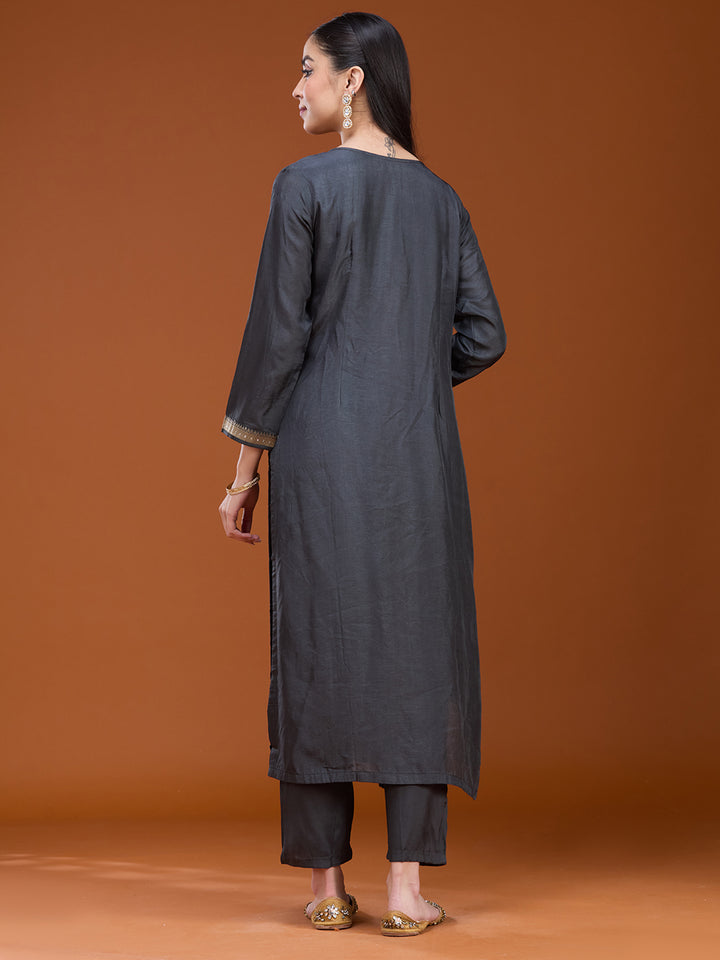 Dark Grey Stonework (Gold) Soft Raw Silk Readymade Salwar Suit