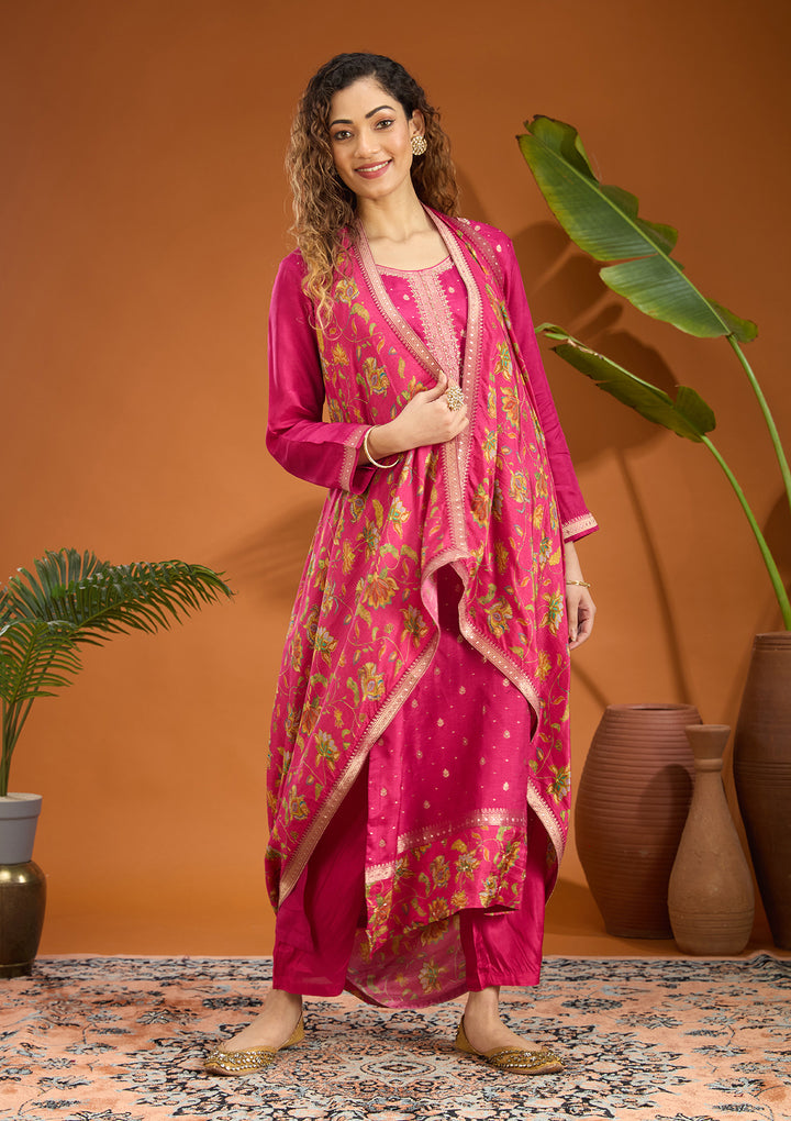 Magenta Pink Threadwork Soft Raw Silk Readymade Salwar Suit