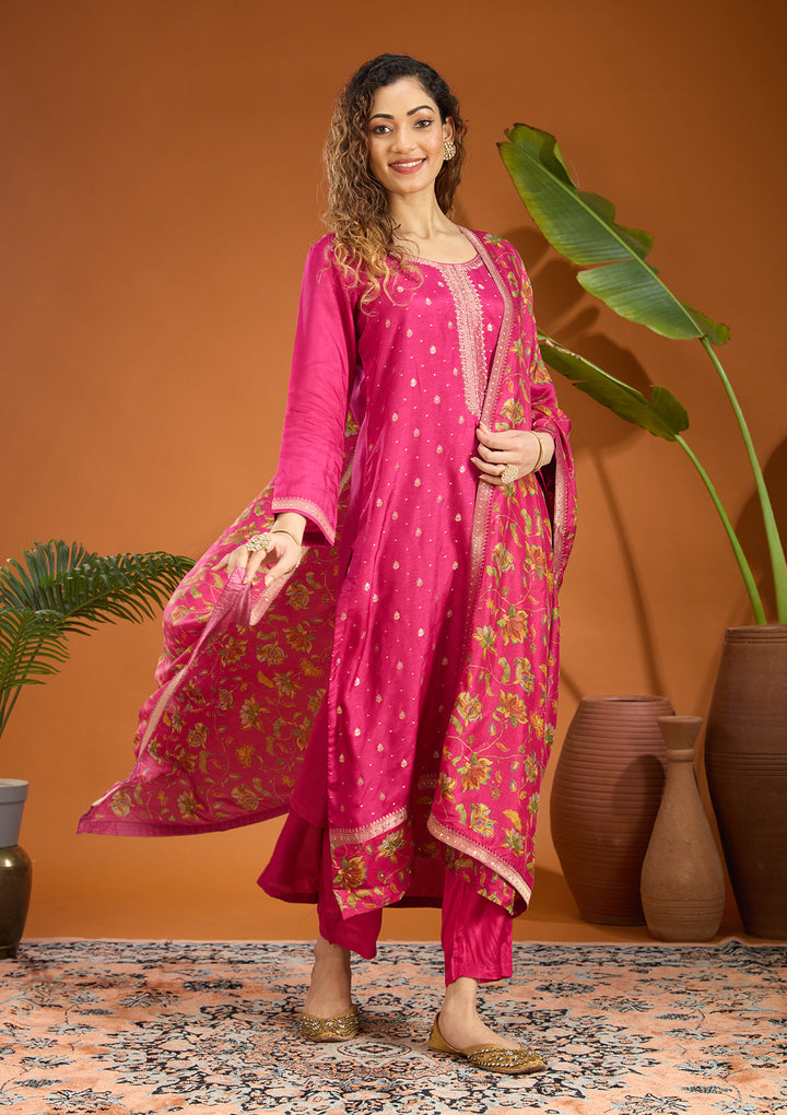 Magenta Pink Threadwork Soft Raw Silk Readymade Salwar Suit