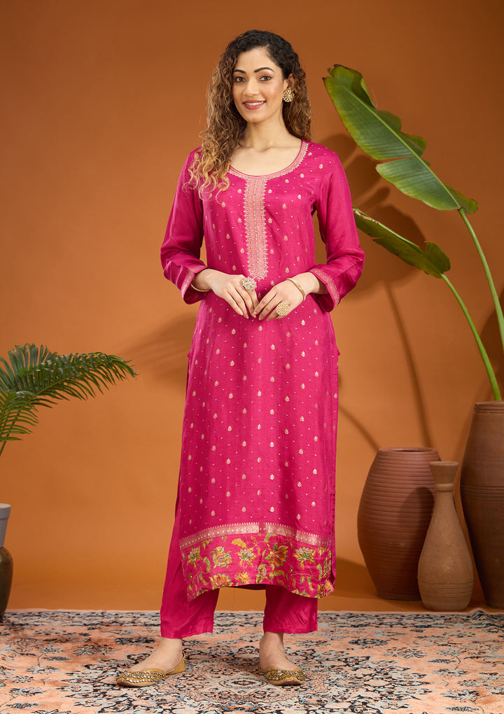 Magenta Pink Threadwork Soft Raw Silk Readymade Salwar Suit