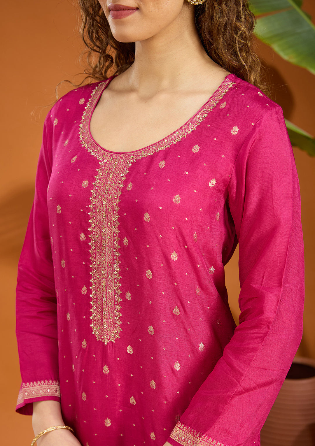 Magenta Pink Threadwork Soft Raw Silk Readymade Salwar Suit