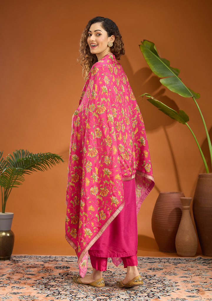 Magenta Pink Threadwork Soft Raw Silk Readymade Salwar Suit