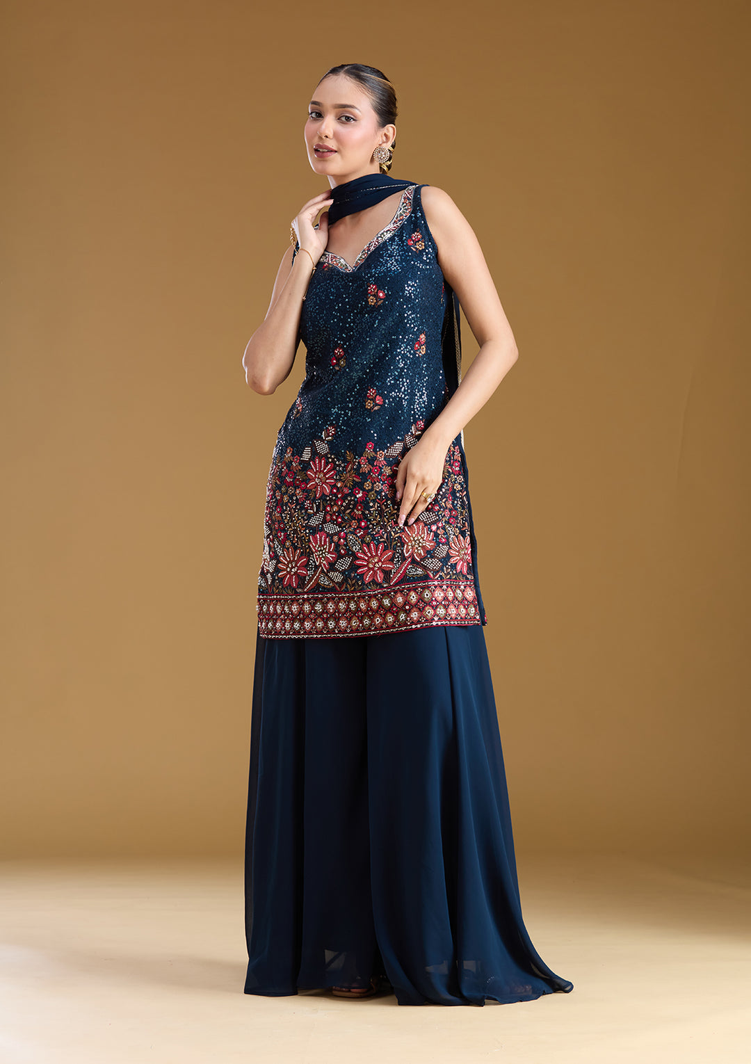 Navy Blue Threadwork Georgette Readymade Salwar Suit