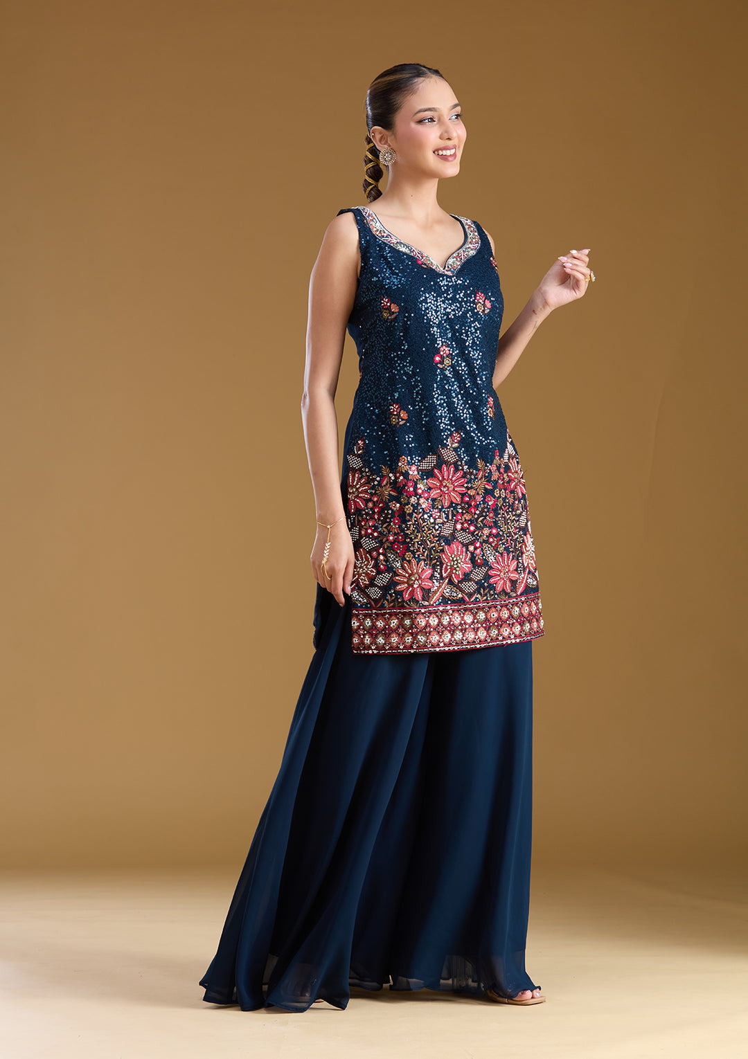 Navy Blue Threadwork Georgette Readymade Salwar Suit