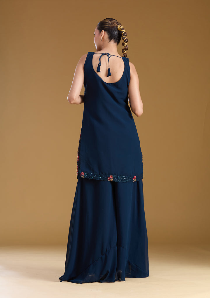 Navy Blue Threadwork Georgette Readymade Salwar Suit