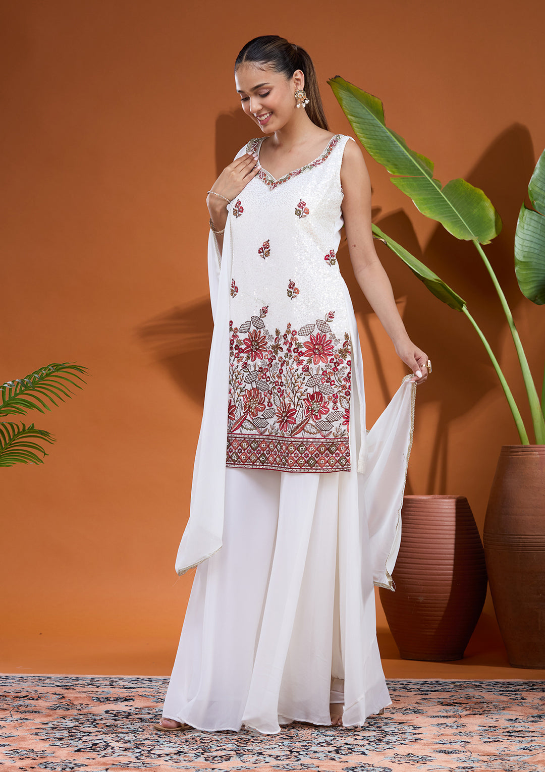 White Threadwork Georgette Readymade Salwar Suit