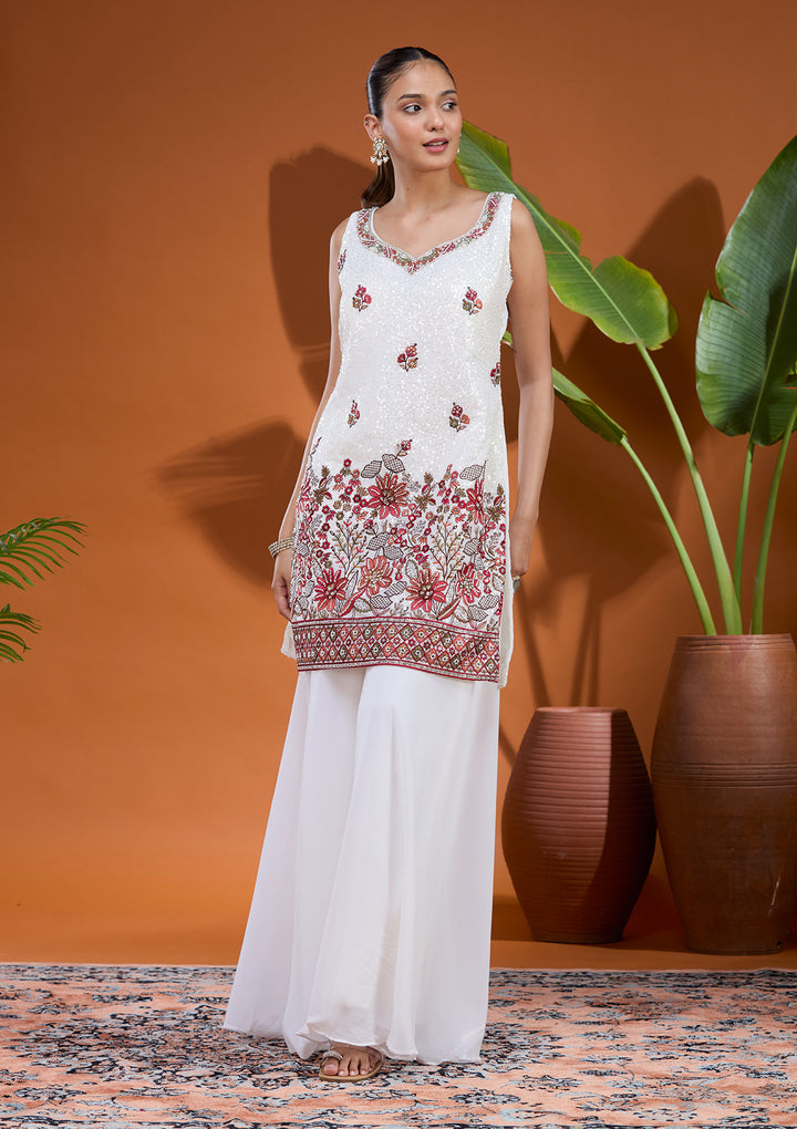 White Threadwork Georgette Readymade Salwar Suit