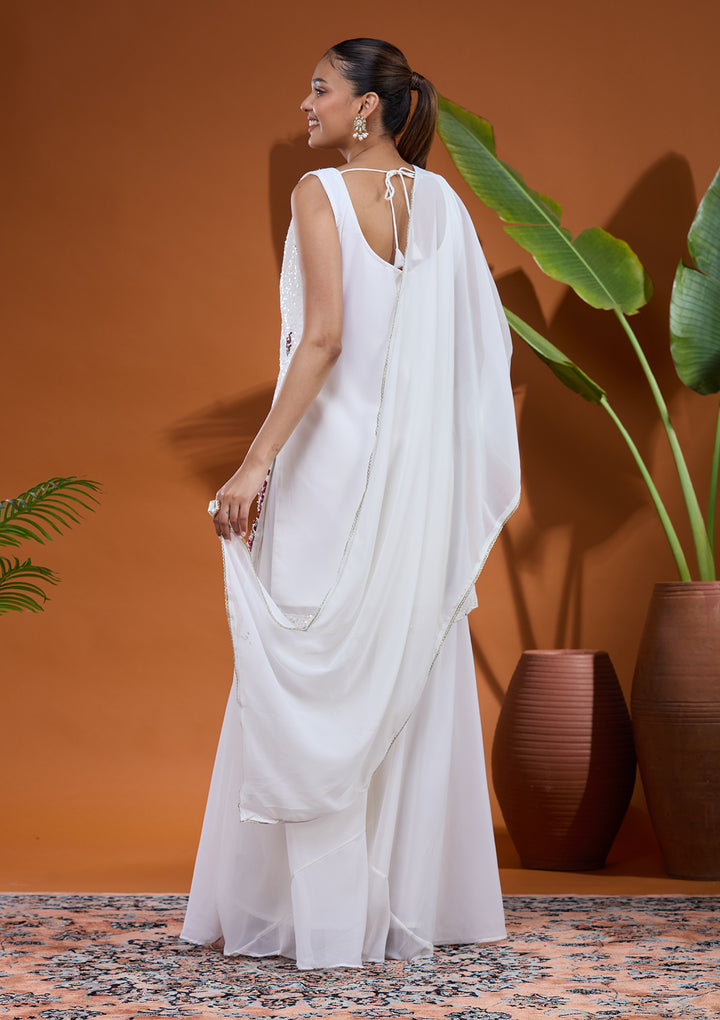 White Threadwork Georgette Readymade Salwar Suit