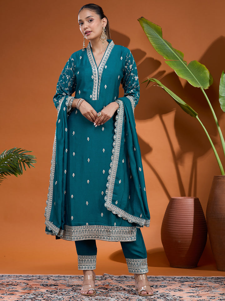 Blue Zariwork (Gold) Soft Raw Silk Readymade Salwar Suit