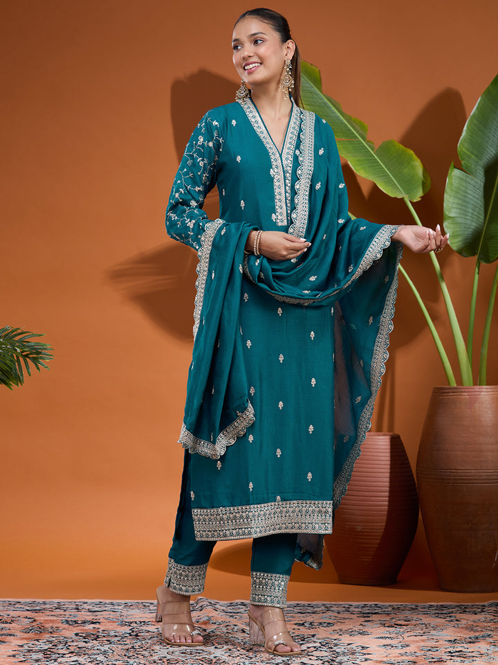 Blue Zariwork (Gold) Soft Raw Silk Readymade Salwar Suit