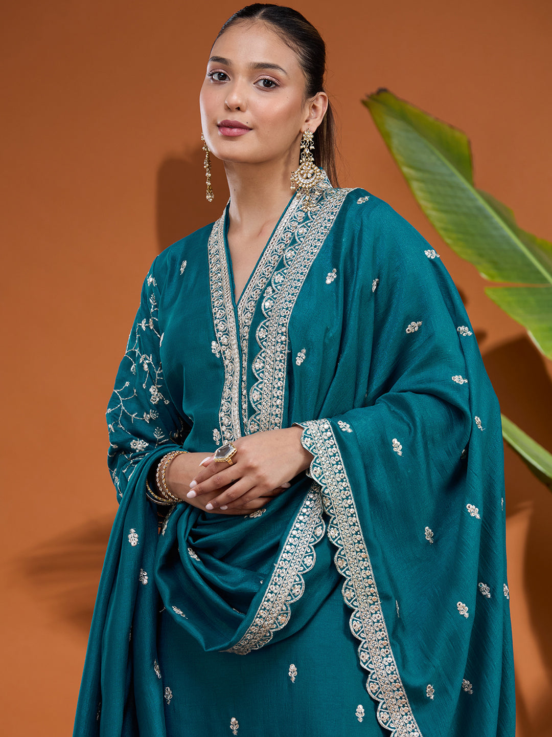 Blue Zariwork (Gold) Soft Raw Silk Readymade Salwar Suit