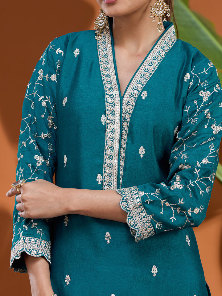 Blue Zariwork (Gold) Soft Raw Silk Readymade Salwar Suit