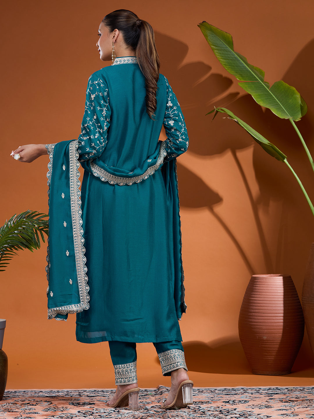 Blue Zariwork (Gold) Soft Raw Silk Readymade Salwar Suit