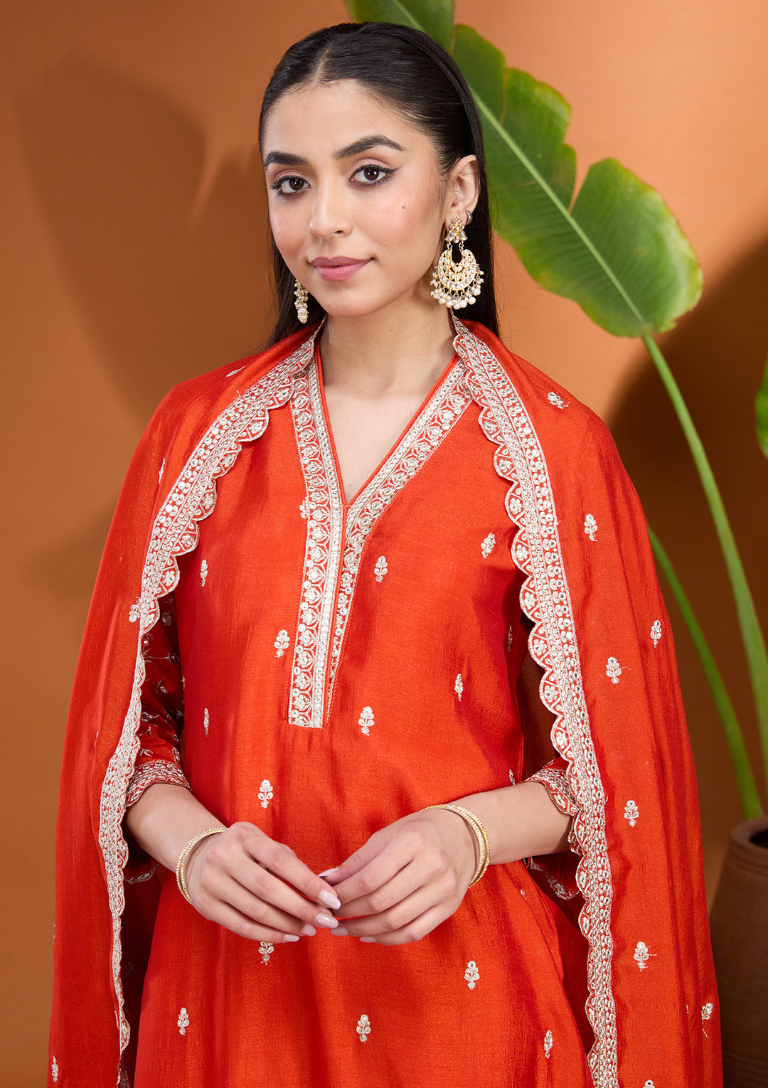 Rust Zariwork (Gold) Soft Raw Silk Readymade Salwar Suit