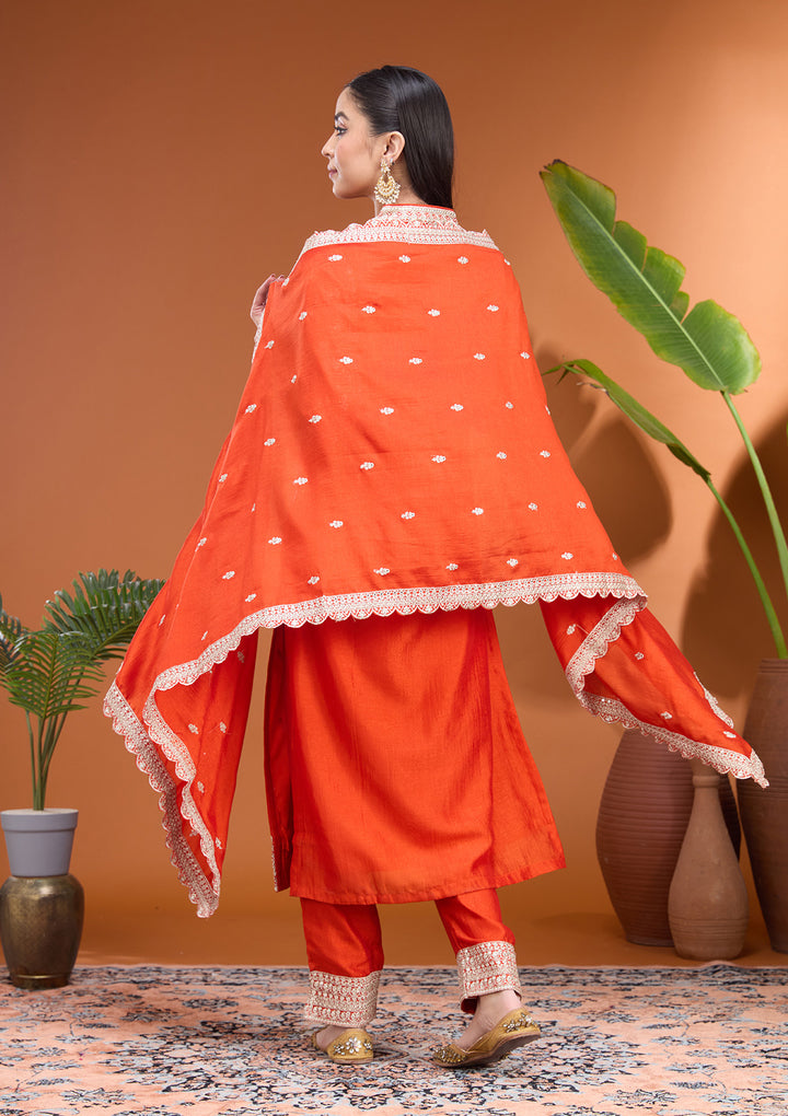 Rust Zariwork (Gold) Soft Raw Silk Readymade Salwar Suit