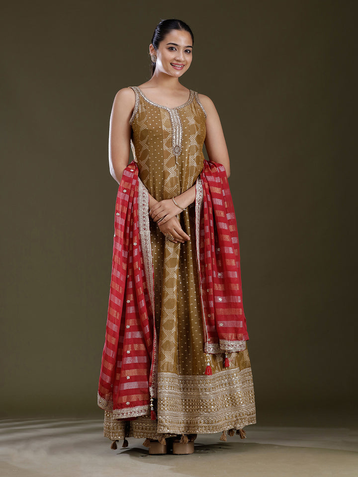Gold Sequins Soft Raw Silk Readymade Salwar Suit
