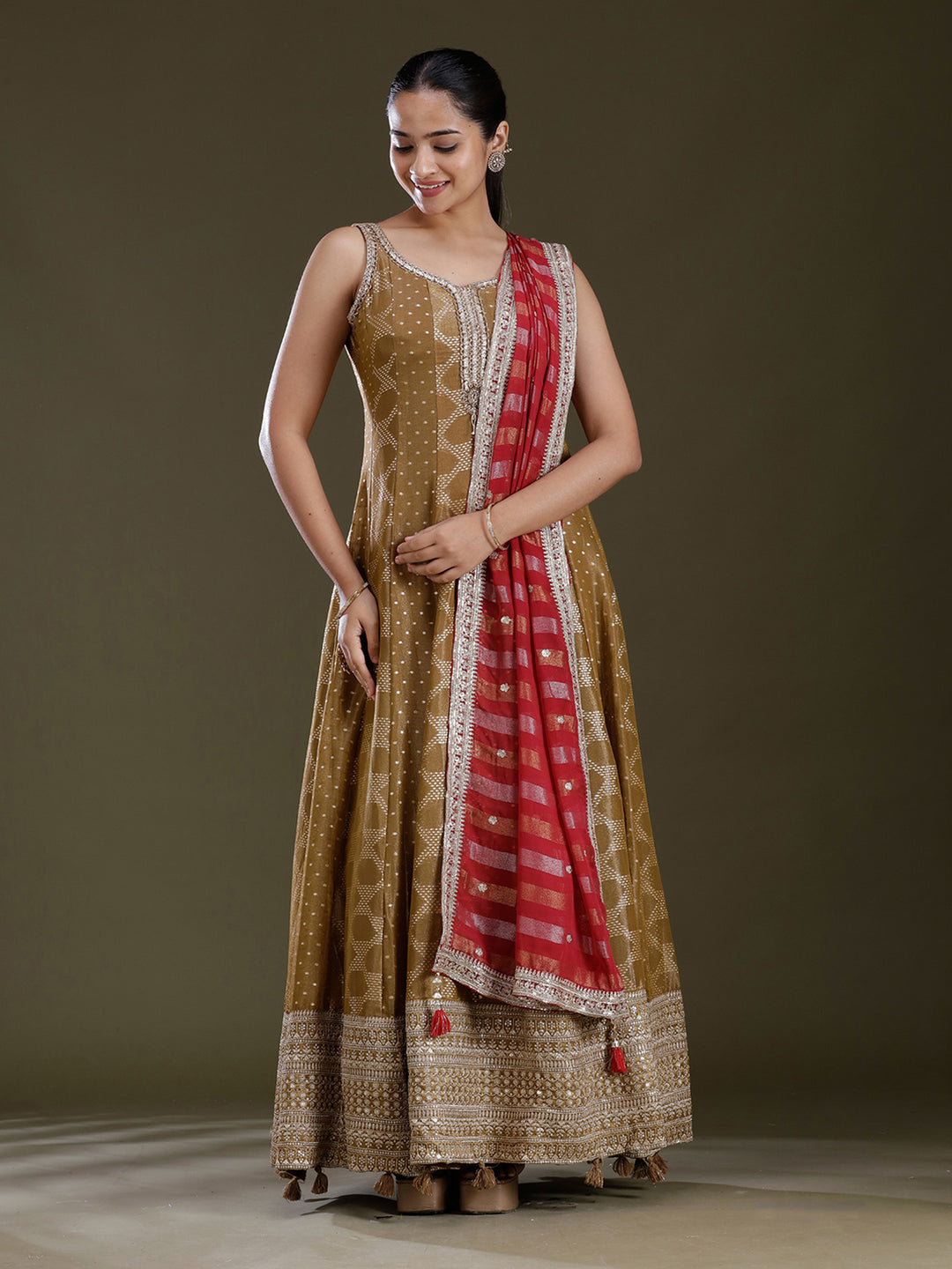 Gold Sequins Soft Raw Silk Readymade Salwar Suit