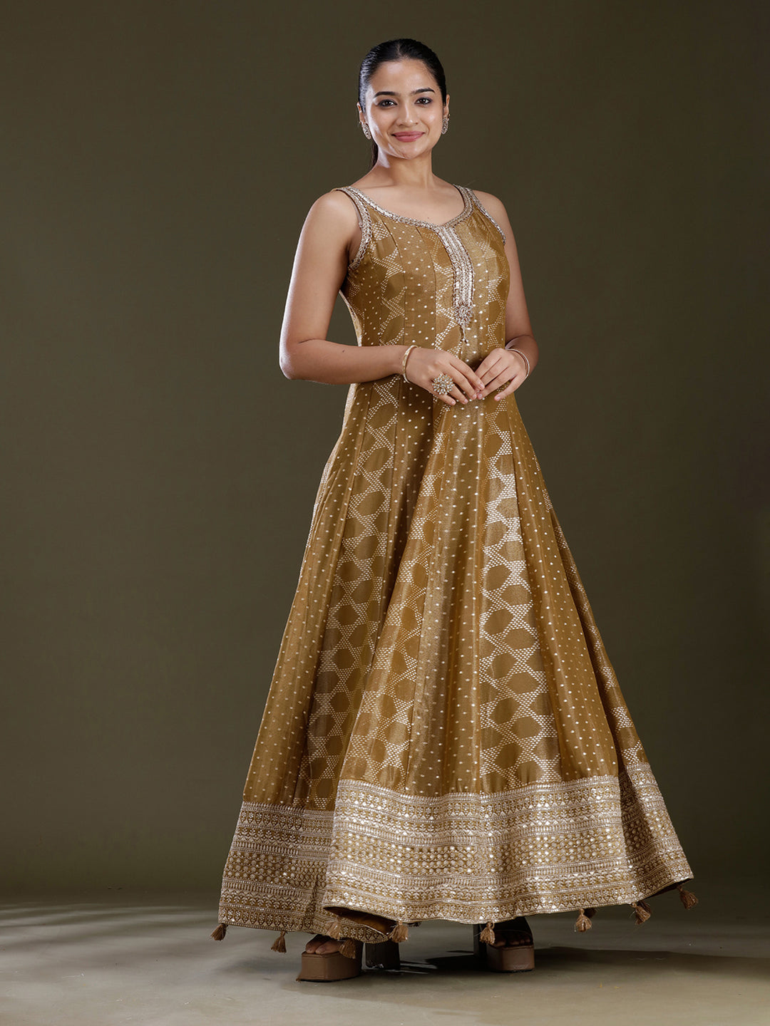 Gold Sequins Soft Raw Silk Readymade Salwar Suit