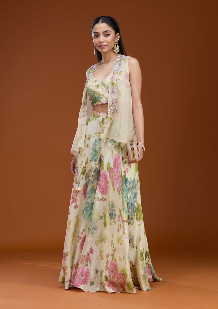 Off White Printed Crepe Readymade Salwar Suit