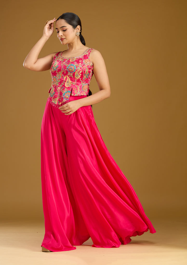 Rani Pink Zariwork (Gold) Chinon Readymade Salwar Suit