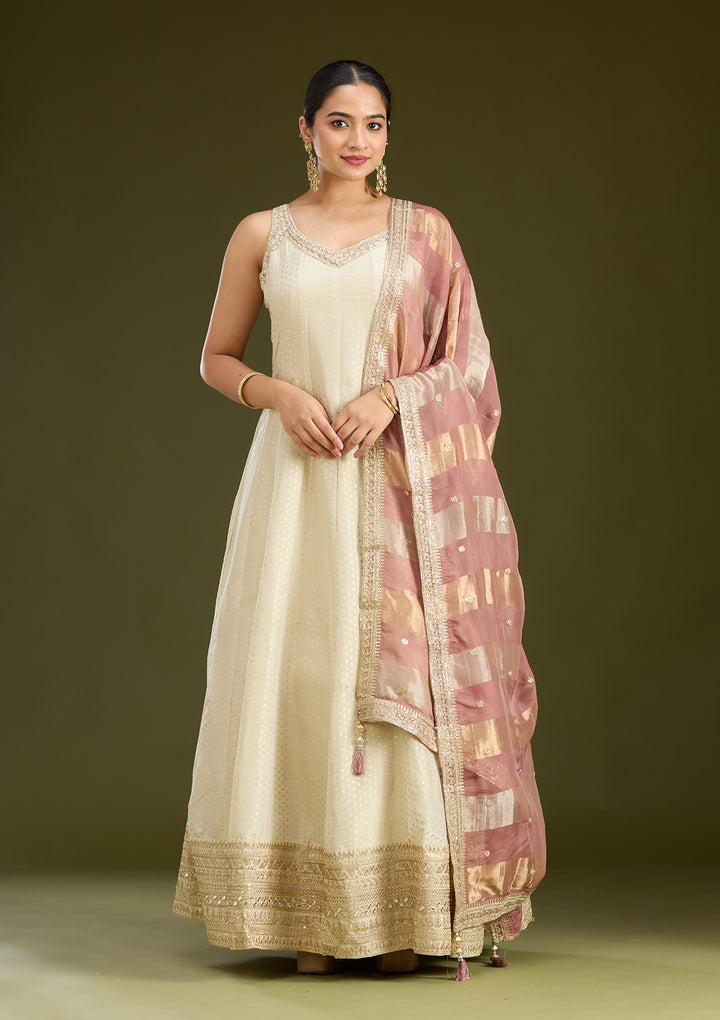 Beige Zariwork (Gold) Crepe Readymade Salwar Suit
