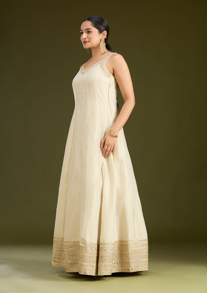 Beige Zariwork (Gold) Crepe Readymade Salwar Suit