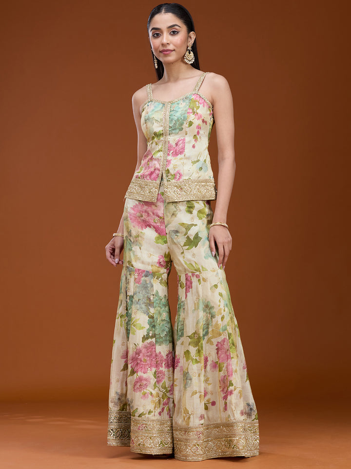 Off White Printed Crepe Readymade Salwar Suit