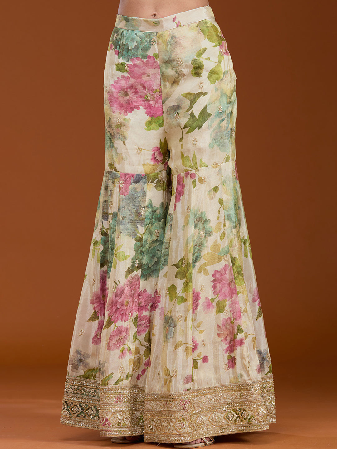 Off White Printed Crepe Readymade Salwar Suit