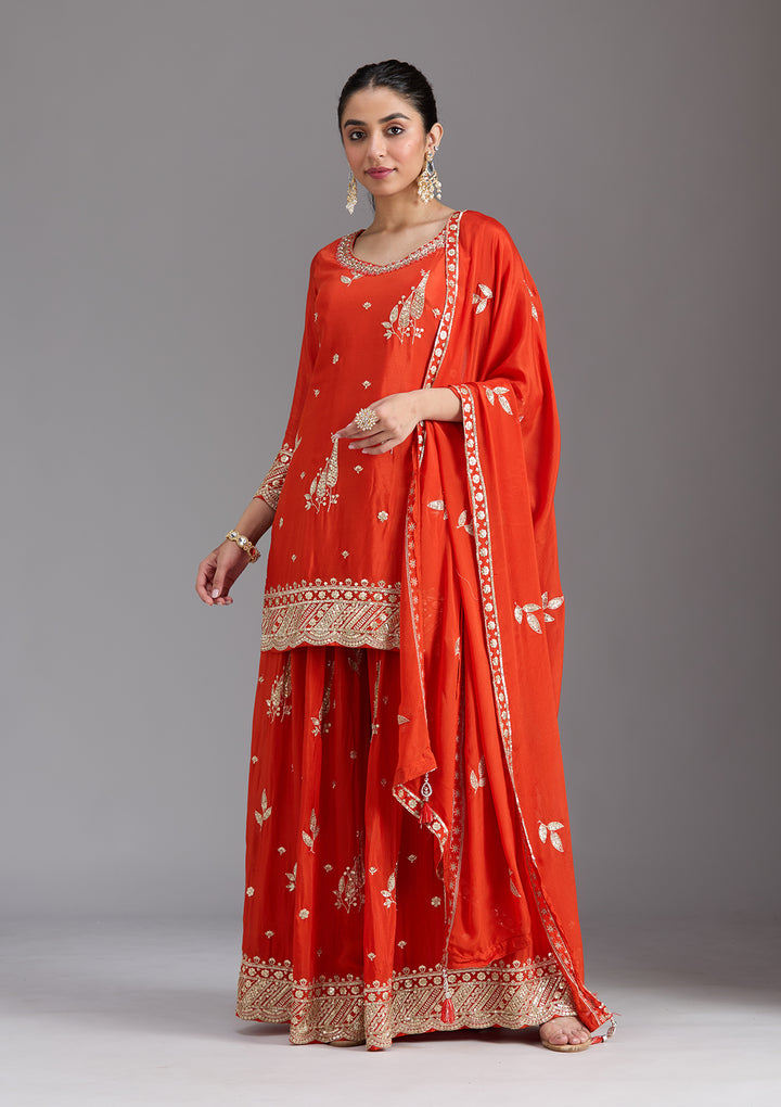 Orange Zariwork (Gold) Chinon Readymade Salwar Suit