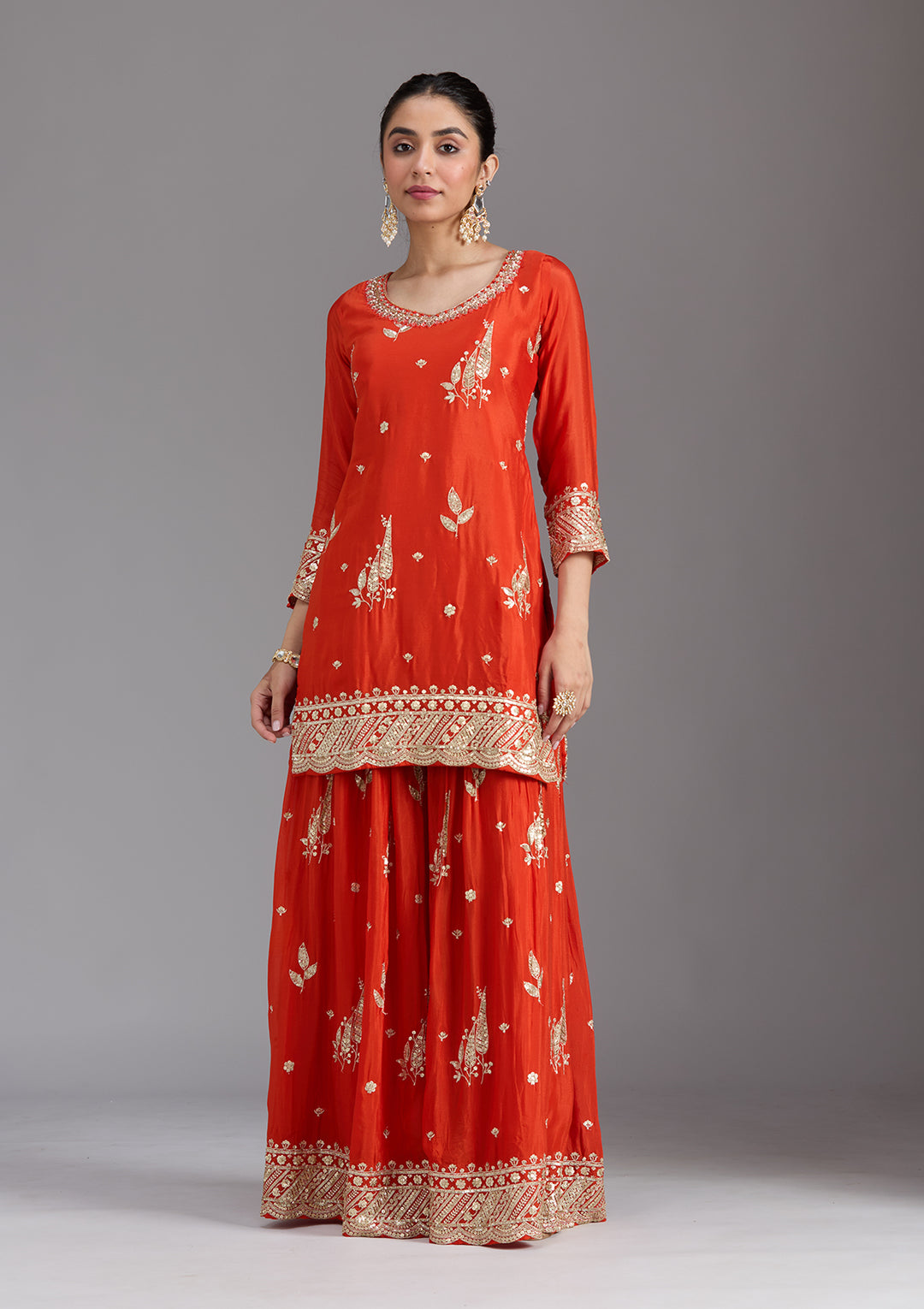 Orange Zariwork (Gold) Chinon Readymade Salwar Suit